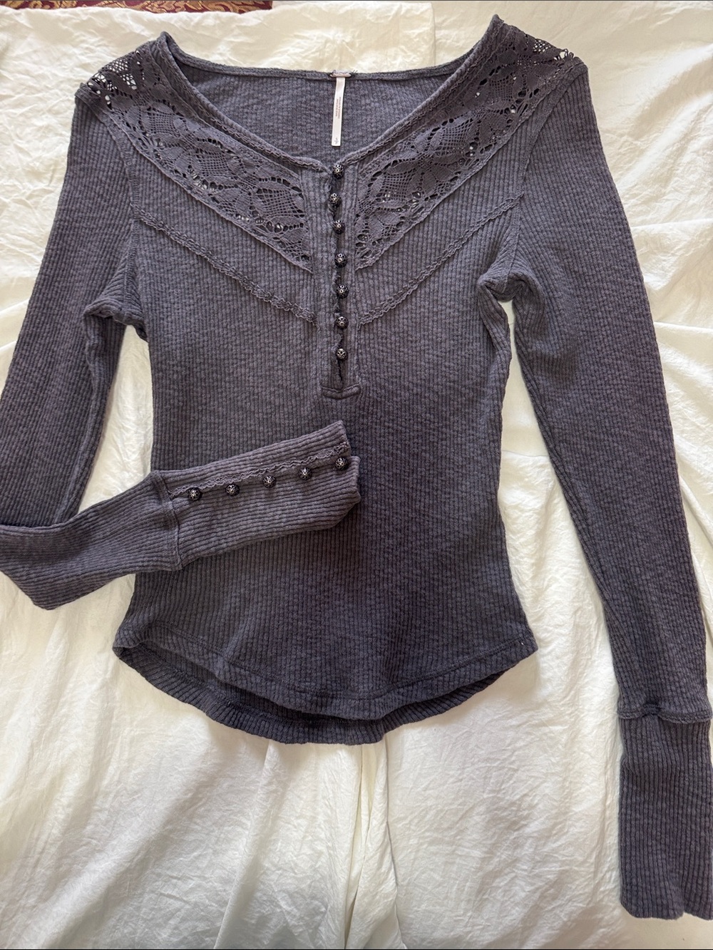 Free People Charcoal Gray Long Sleeve Ribbed Henley with Lace Yoke